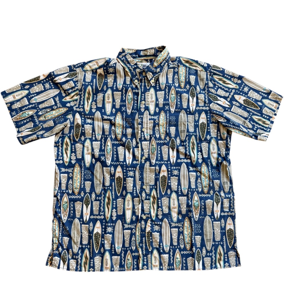 Reyn Spooner Mens XL Surfboard Tiki Hawaiian Shirt Blue Button Down